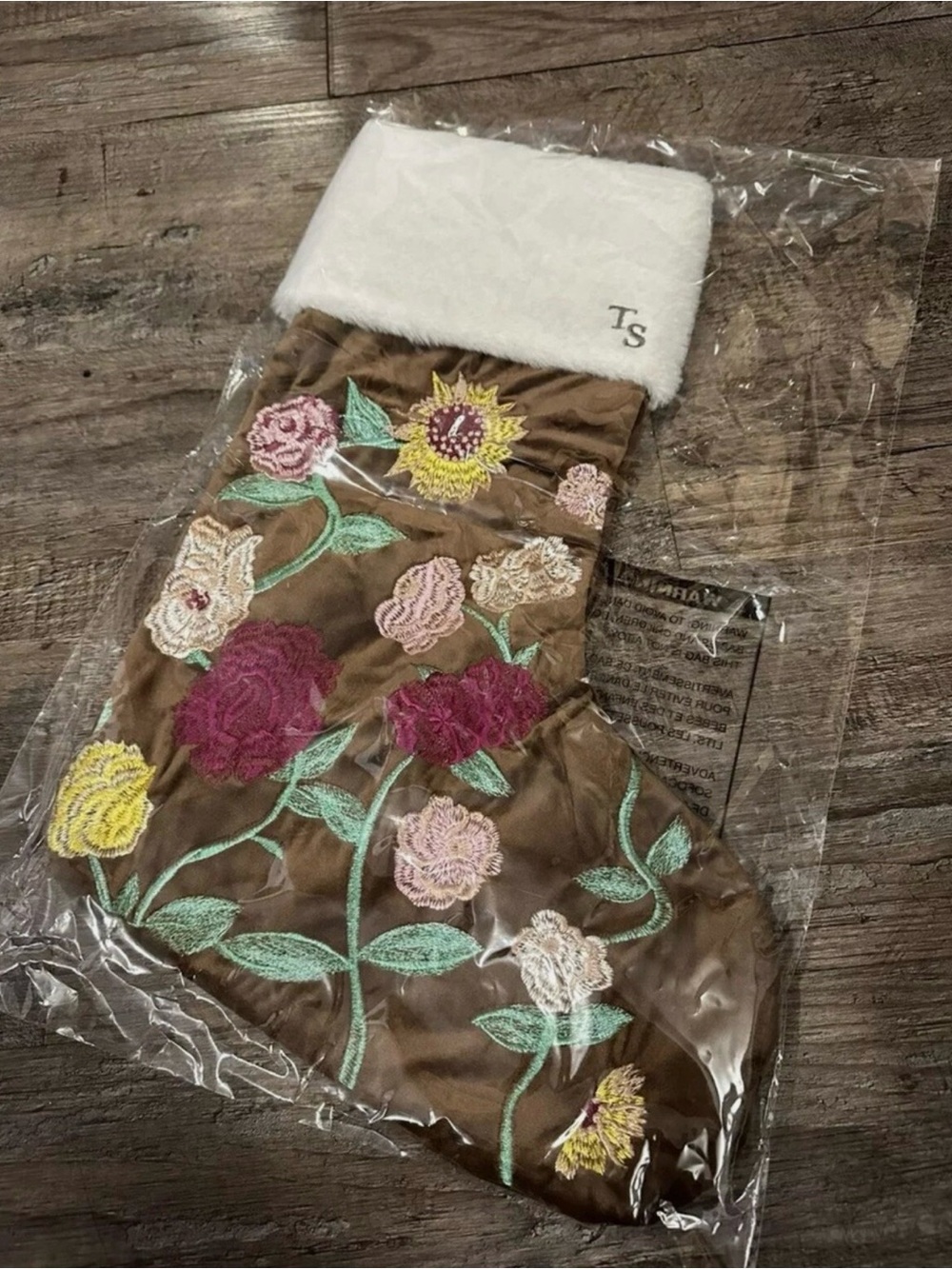 Taylor Swift Brown Floral Embroidered Holiday Stocking with White Cuff